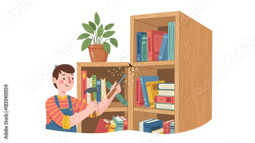 DIY home improvement, building a wooden bookshelf and organizing books