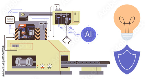 Automated machine with circuits, robotic arm, AI icon, lightbulb, and shield. Ideal for automation, technology, AI integration innovation security industrial progress smart manufacturing. A