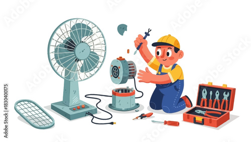 Handyman Repairing Electric Fan, Maintenance, and Tool Kit