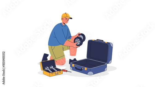 Man repairing a suitcase with tools, placing a wheel into the luggage