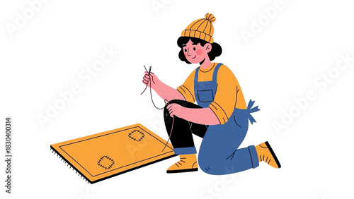 Person Kneeling Down Crafting a Handmade Rug with Needle and Thread on a White Background
