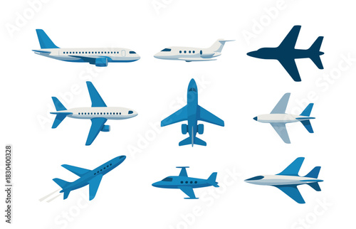Airplane collection, commercial and private planes, flat vector illustration