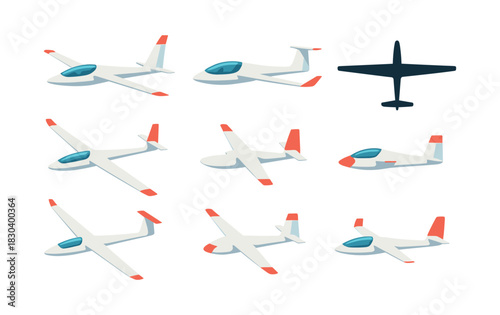 Glider airplane collection, transportation, aviation, flat vector illustration