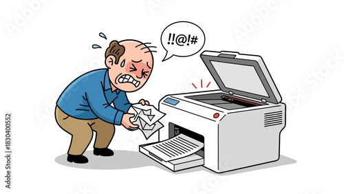 Frustrated office worker grappling with a persistent paper jam and technical malfunction in a modern printer, causing significant stress and workflow disruptions