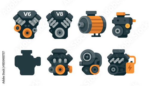 Automobile engine collection, flat vector illustration, car parts, mechanical components