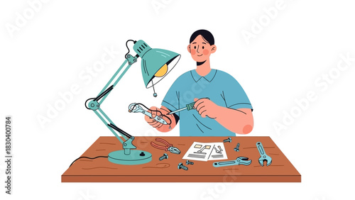 Man Assembling Parts with Tools Under Lamp Vector Illustration for DIY, Repair, and Home Improvement