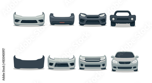 Car bumper collection, automotive parts, flat vector illustration