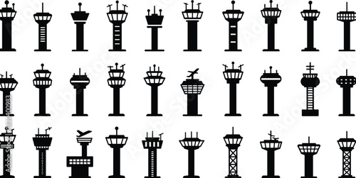 Air traffic control tower silhouette set, airport radar vector, aviation communication icon, antenna design, navigation structure, satellite dish outline, infrastructure art