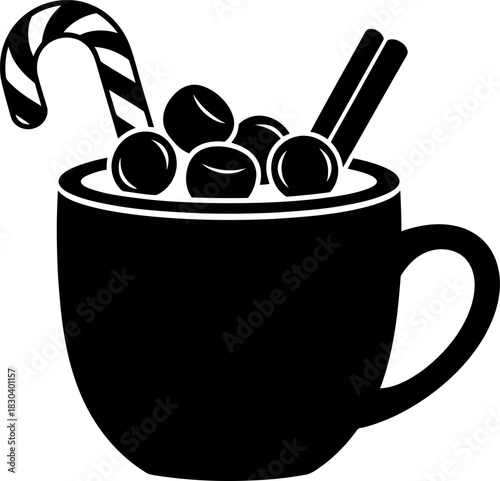 Hot cocoa mug silhouette with candy cane and sweet toppings