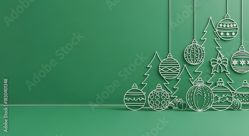 Green and white Christmas tree and baubles on a green background.