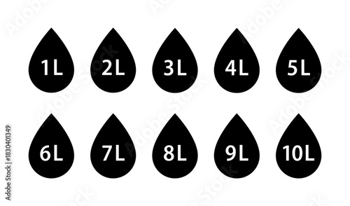 Water capacity icons set. Liquid volume symbol from 1 to 10 liters. Water drop icon. Fluid volume. L sign. Scale for liquid. Vector illustration isolated on white background.