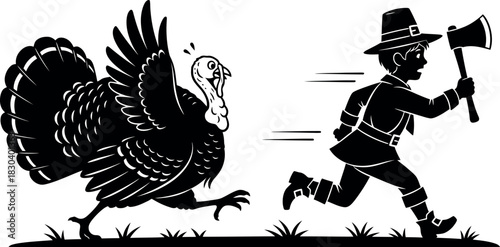 Pilgrim with axe chases a frantic turkey, preparing for thanksgiving