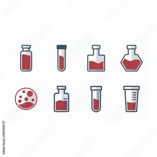Collection of medical vials and blood sample icons