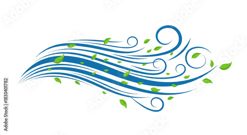 Swirling Blue Wind Gusts with Green Leaves Blowing in a Stylized Illustration, Dynamic Nature Motion Graphic, Fresh Air Breeze Effect