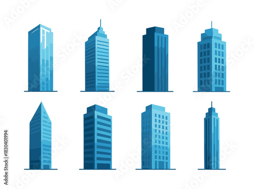 Skyscraper icons set, tall buildings, urban architecture, flat vector illustration