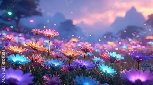 Fototapeta Naklejka Na Ścianę i Meble -  Glowing Colorful Flowers In A Fantasy Meadow At Sunset