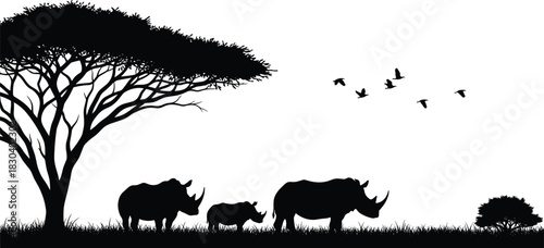African Safari Wildlife Silhouette, Rhinoceros Family and Birds Under Acacia Tree, Savannah Landscape, Black and White Vector