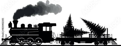Steam train hauling christmas trees silhouette vector illustration