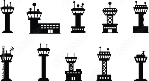 Air traffic control tower silhouette set, airport radar vector, aviation communication icon, antenna design, navigation structure, satellite dish outline, infrastructure art