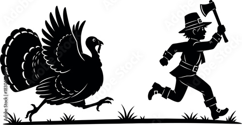Pilgrim chasing turkey with axe, traditional thanksgiving scene