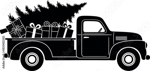 Classic pickup truck transporting christmas tree and presents