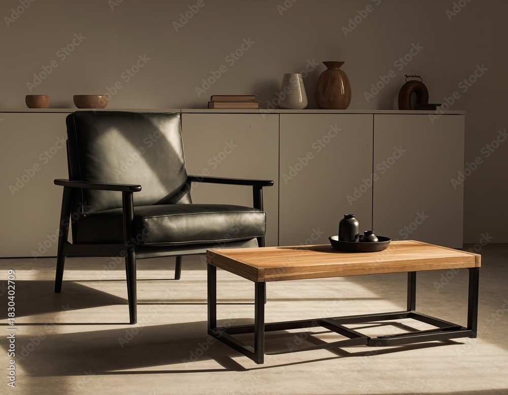 Fototapeta premium Minimalist room with chair, table, and cabinet