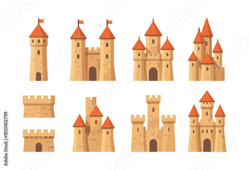 Castle building set, towers and fortresses, flat vector illustration style