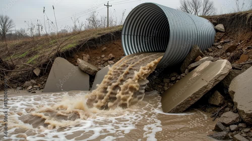 Corrugated drainage pipe pours muddy runoff into stream and dirty water ...