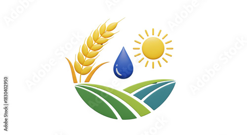 Agricultural Icon Wheat Water Sun Fields Green Blue Yellow Growth Farming Symbol Clean Design for Sustainable Agriculture and Healthy Crops