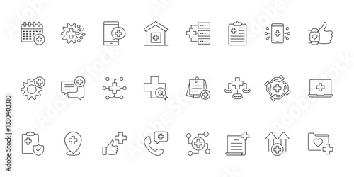 A collection of medical and health related icons arranged in a grid pattern for easy access. Healthcare set of web icons in line style. Healthcare simple line icons. Health, editable stroke icon. 