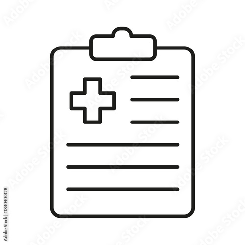 Hospital diagnostic document icon. Simple outline style. Clipboard with shield, health diagnosis, insurance, medical concept. Thin line symbol. Medical insurance icon vector illustration.