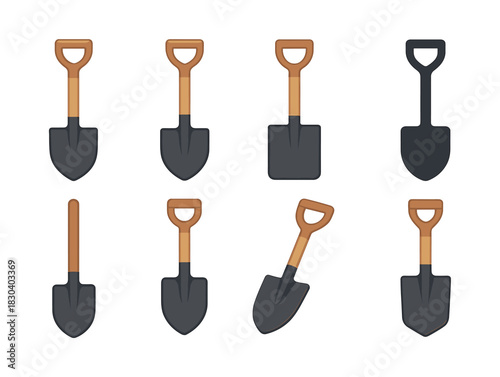 Garden shovel set, tools, equipment, digging, flat vector illustration