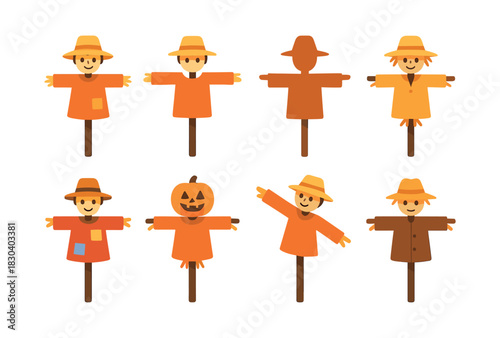 Scarecrow collection, fall decor, harvest theme, flat vector illustration