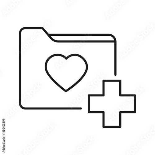 Favorites icon with plus symbol. Favorite icon, heart add plus sign, bookmark symbol, button. Folder icon with a heart and a plus sign representing favorite or new item. Vector Illustration.
