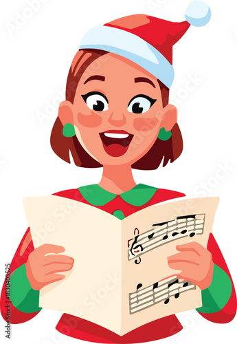 Vector illustration of a happy woman singing Christmas carols holding sheet music wearing a Santa hat isolated on white background.