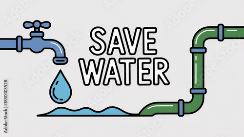 Save water concept illustration showing a faucet with dripping water and connected pipes vector design for environmental awareness campaigns
