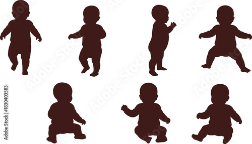 Baby silhouettes in multiple poses, infant development stages, toddler growth, child milestones, crawling, walking, sitting, standing, baby posture art, motion