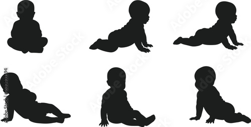 Baby silhouettes in sitting and crawling positions, infant development stages, toddler growth, child milestones, baby posture art, childhood motion, silhouette design