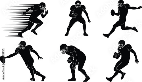 "Dynamic American football player silhouette poses showcasing running, passing, catching and athletic motion in bold sports figure cad drawing flat vector illustration"