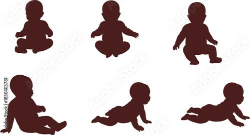 Baby silhouettes in sitting and crawling positions, infant development stages, toddler growth, child milestones, baby posture art, childhood motion, silhouette illustration