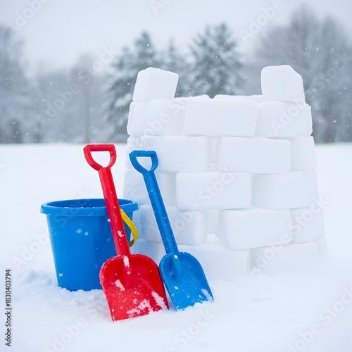 Outdoor winter activity building a snow fort with small shovels and a blue bucket