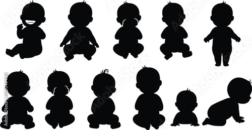 Baby silhouettes, infant poses, crawling baby, sitting baby, standing baby, toddler silhouettes, child development, baby posture, newborn outline, infant design