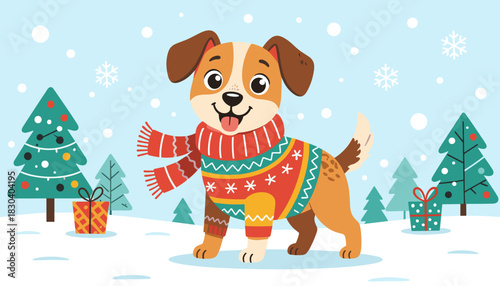 Cartoon dog wearing a sweater and scarf in winter with snowflakes  
