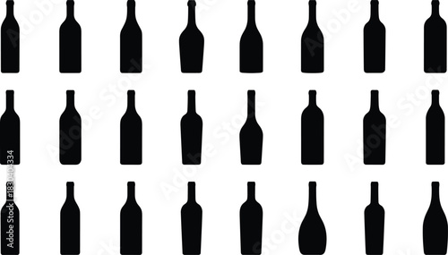 Collection of various bottle silhouettes arranged in seamless grid pattern for beverage packaging design and branding concepts, – cad drawing flat vector illustration