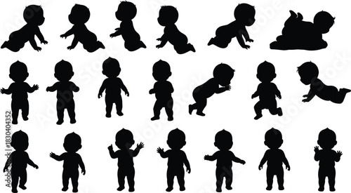 Baby silhouettes, infant poses, crawling baby, walking baby, standing baby, toddler silhouettes, child movement, baby posture, newborn outline, infant development stages