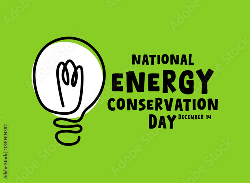 December 14. National Energy Conservation Day. Light bulb icon. Green background. Banner, card, background.