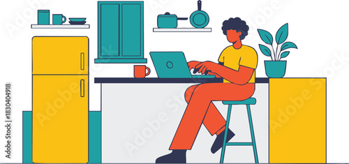 Remote Worker Using Laptop at Kitchen Counter Workstation Illustration