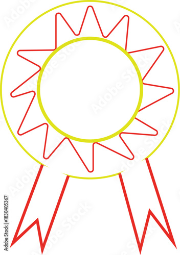 Red and yellow rosette with award ribbon and wavy outline. Certificate of achievement and guarantee concept.