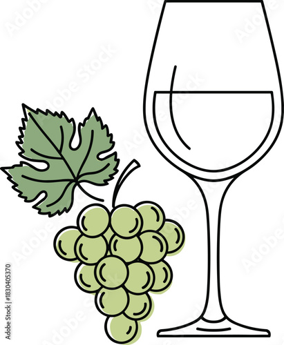 Minimalist Line Art White Wine Glass and Green Grapes Vector Illustration Depicting Viticulture, Vineyard, Harvest, and Alcoholic Beverage Concepts for Menu and Winery Design