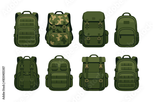 Military backpacks collection, army bags set, flat vector illustration
